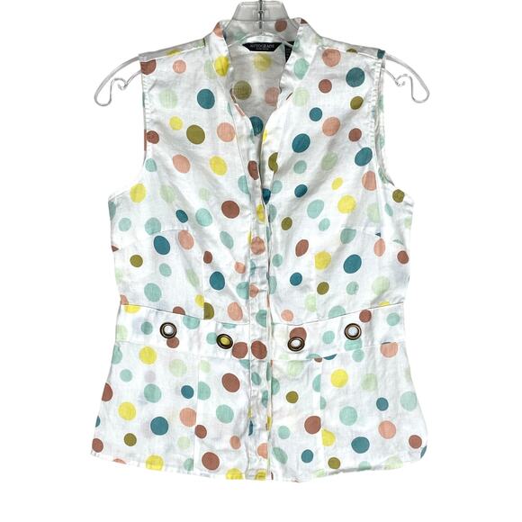 Autograph New York Tops - Polka Dot Linen Sleeveless Button Blouse Womens S Multicolor Retro Preppy Summer